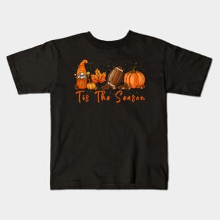 Tis The Season Pumpkin Leaf Latte Fall Thanksgiving Football Kids T-Shirt